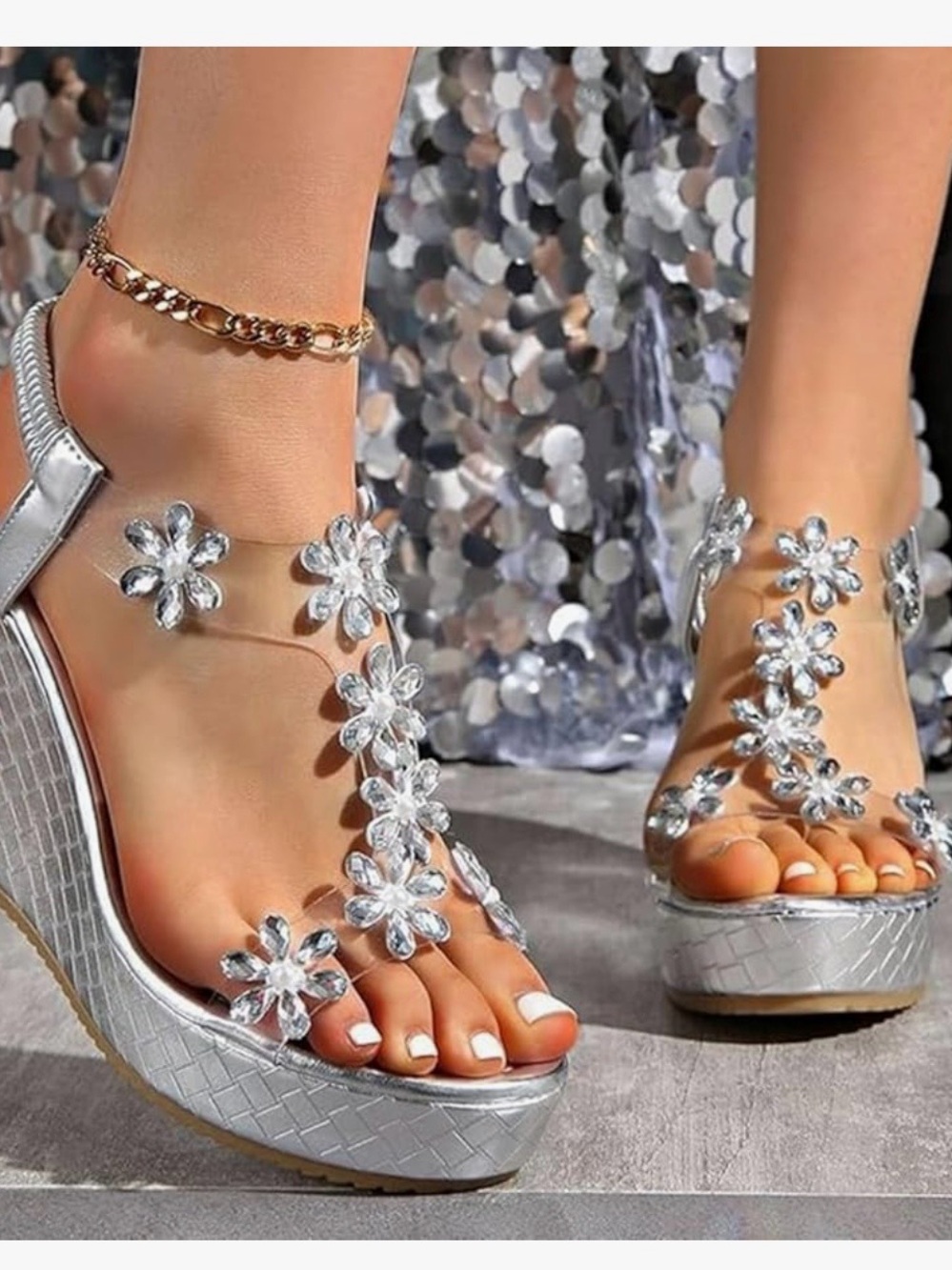 Fashion Nova, Ladies Silver Crystal Floral Wedge Sandals. Size 6 NEW